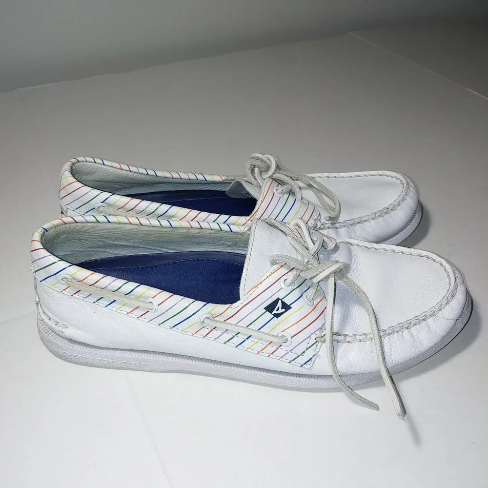 - Sperry Top Side Authentic Original Pride Boat Shoes White Leather Size 13